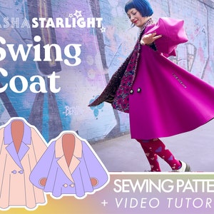 Swing Coat PATTERN - Digital Pdf + Video Tutorial, coat, jacket, tailored, balloon sleeve, sewing, Sasha Starlight, TikTok, Instagram