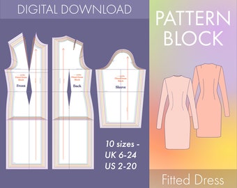 MOTIF bloc de robe - 10 tailles - XXS-4XL - PDF à téléchargement numérique instantané - robe courte ajustée basique pour femmes - pour tissu - avec manche