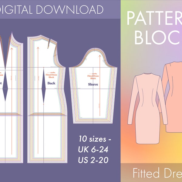 ドレス ブロック パターン - 10 サイズ - XXS-4XL - インスタント デジタル ダウンロード PDF - 女性用ベーシック フィット ドレス スローパー - 織物用 - 袖付き