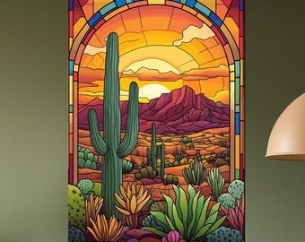 Stained Glass Cactus Tempered Glass Wall Art: Arizona Desert Landscape