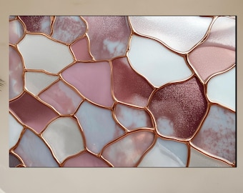 Blush Pink and White Mosaic Marble Glass Wall Art – Elegant Textured Glass Panel with Rose Gold Accents – Modern Abstract Home Wall Decor
