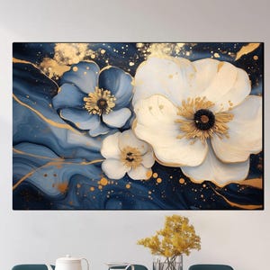 Tempered Glass Wall Art - Blue and White Flowers Wall Art -Modern Glass Wall Decor - Blue Flower Print Wall Hanging- Botanical Glass Artwork