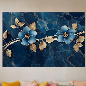 Arte de vidrio templado - Arte floral azul para pared - Decoración moderna de vidrio - Colgante de pared con estampado floral azul - Obra de arte botánica en vidrio - Decoración floral para el hogar
