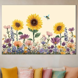 Arte mural de vidrio con girasoles y flores silvestres – Estampado floral colorido – Obra de arte en vidrio templado – Decoración del hogar inspirada en la naturaleza – Escena de jardín de flores de verano