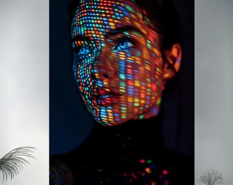 Retrato Cyberpunk para pared - Impresión facial en cuadrícula de neón - Decoración con proyección de luz - Arte futurista en vidrio templado - Decoración de ciencia ficción para el hogar