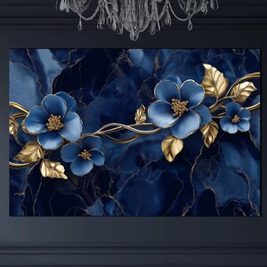Arte mural floral azul sobre vidrio templado - Decoración moderna de pared de vidrio - Colgante de pared con estampado de flores azules - Obra de arte botánica en vidrio - Decoración floral para el hogar