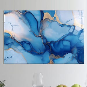 Tempered Glass Wall Art - Modern Living Room Decor - Extra Large Wall Art - Blue Marble Effect Wall Hanging - Bedroom Wall Decoration
