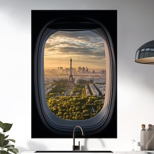 Paris Eiffel Tower View from Airplane Window – Sunset Cityscape Wall Art – Romantic Paris Aerial Print – Travel Lover Gift–Modern Home Decor