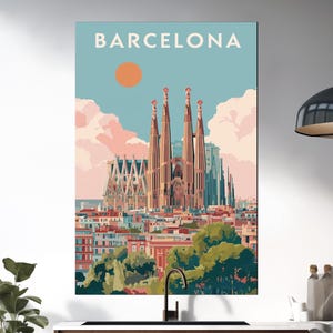 Barcelona Cityscape Wall Art – Sagrada Familia & City View Print – Sunset Skyline Poster – Vintage Style Travel Art – Spain Landmark Decor