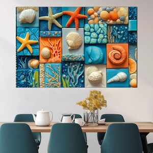 Ocean Inspired 3D Wall Art – Colorful Coastal Shell and Coral Design – Sea Life Themed Decor – Starfish and Seashell Tempered Glass Panel