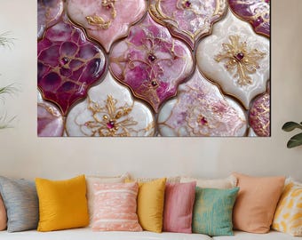 Pink and White Marble Effect Glass Art – Gold-Lined Mosaic Panel – Glamorous Abstract Wall Decor for Home or Office -Contemporary Home Decor