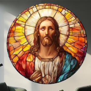 Stained Glass Jesus Glass Wall Art - Religious Christian Circle Artwork - Mosaic Look Round Wall Hanging