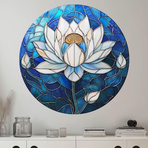 Lotus Flower Round Glass Wall Hanging - Tempered Glass Art with Stained Pattern - Zen Inspired Round Decor - Thoughtful Gift Idea