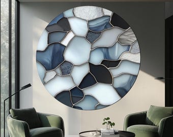 Ocean-Inspired Round Glass Wall Art – Stained Glass Look – Abstract Tempered Glass Decor – Coastal Wall Art – Modern Glass Circle Art Gift