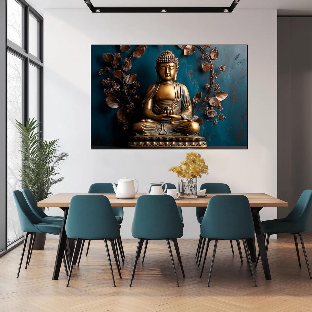 Bronze Buddha Statue Wall Art- Teal Background Print- Zen Meditation ...