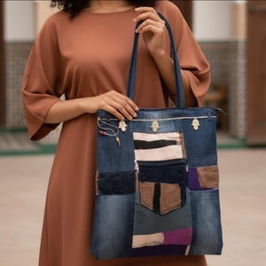 Patchwork Denim Tote Bag, Mosaic Design, Silver Charms, Upcycled Fabric