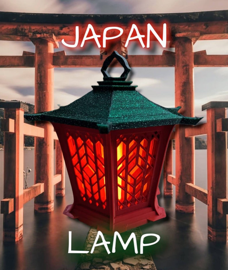May include: A red and green Japanese-style lamp with a traditional design. The lamp is lit and glowing, and the light shines through the intricate latticework. The lamp is set against a backdrop of a red Japanese gate.