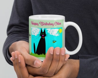 Personalised Happy Birthday Black Cat Mug