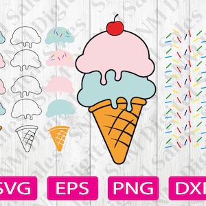 Eis Bundle - Softeiscreme Kegeln Schneidedateien - SVG, PNG - Eistüten svg, Streusel - Digital Cut File, Cricut, Silhouette