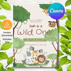 Wild One Birthday, Editable Safari First Birthday Evite, 1st Birthday Digital Invite, Jungle First Birthday Evite, Jungle Animals Party
