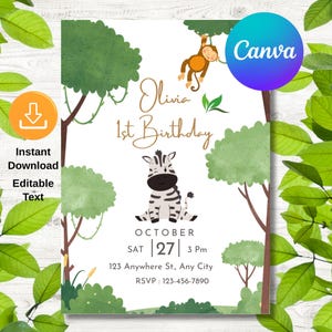 Wild One Birthday, Jungle First Birthday Evite, Editable Safari First Birthday Evite, 1st Birthday Digital Invite, Jungle Animals Party