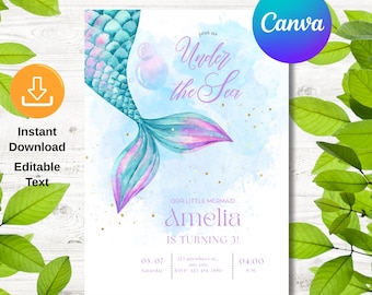 Under the Sea Editable Template, Oneder the Sea Birthday Invitation,1st Birthday, Ocean Animals Girls Under the Sea Invite, Editable Canva