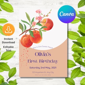 Peach First Birthday Invitation Template, Editable 1st Birthday Invitation, One Sweet Peach Birthday Invite, Text Message Invite