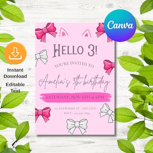 Editable Cute Kitty Birthday Invitation, Cute Pink Birthday Theme, Kitty Birthday Invitation, Kitty Digital Birthday evite, Kitty Invitation