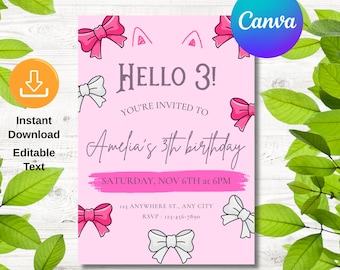 Editable Cute Kitty Birthday Invitation, Cute Pink Birthday Theme, Kitty Birthday Invitation, Kitty Digital Birthday evite, Kitty Invitation