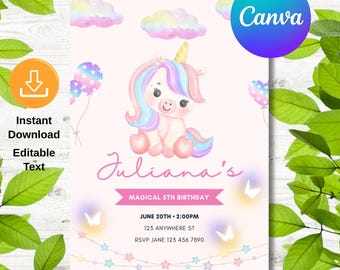 Unicorn Birthday Invitation Editable Template, Magical Rainbow Party Invite, Instant Download, Colorful Birthday Celebration, Canva Editable