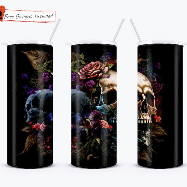 Stained Gothic Skulls and Flowers 20 oz Skinny Tumbler Valentine Sublimation Design PNG Instant DIGITAL ONLY, Valentine Skeleton png