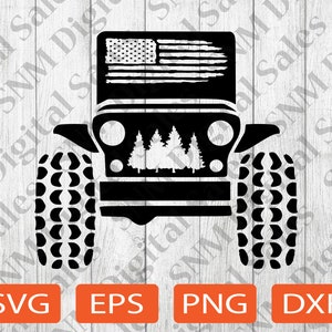 May include: Black silhouette of a Jeep with a US flag on the windshield and a row of pine trees on the front grill. The Jeep has large tires with a tread pattern.