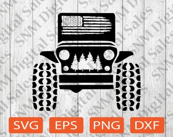 May include: Black silhouette of a Jeep with a US flag on the windshield and a row of pine trees on the front grill. The Jeep has large tires with a tread pattern.