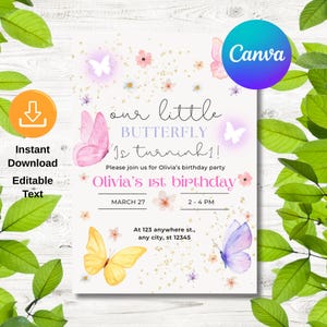 Fjärilsfödelsedagsinbjudan, Pastellfärgad fjärilsfödelsedagsinbjudan Lila fjäriltemainbjudan Rosa fjärilsfest REDIGERBAR