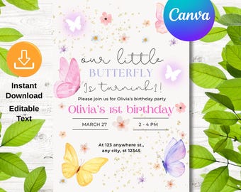 Schmetterling Geburtstagseinladung, Pastell Schmetterling Geburtstagseinladung Lila Schmetterling Thema Einladung Rosa Schmetterling Party EDITIERBAR