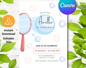 Editable Bubble Birthday Invitation, Fourth Birthday Invite Bubbles, Pastel 4 Year Old Girl Birthday Invite,Girls Birthday Invitation Bubble