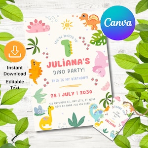 Dinosaur Birthday Invitation Kids Three Rex Party Editable Invite Cute Dino Template Printable Pastel Dinosaur Birthday Invitation