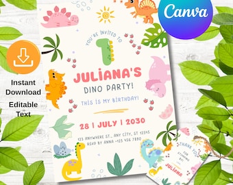 Dinosaur Birthday Invitation Kids Three Rex Party Editable Invite Cute Dino Template Printable Pastel Dinosaur Birthday Invitation