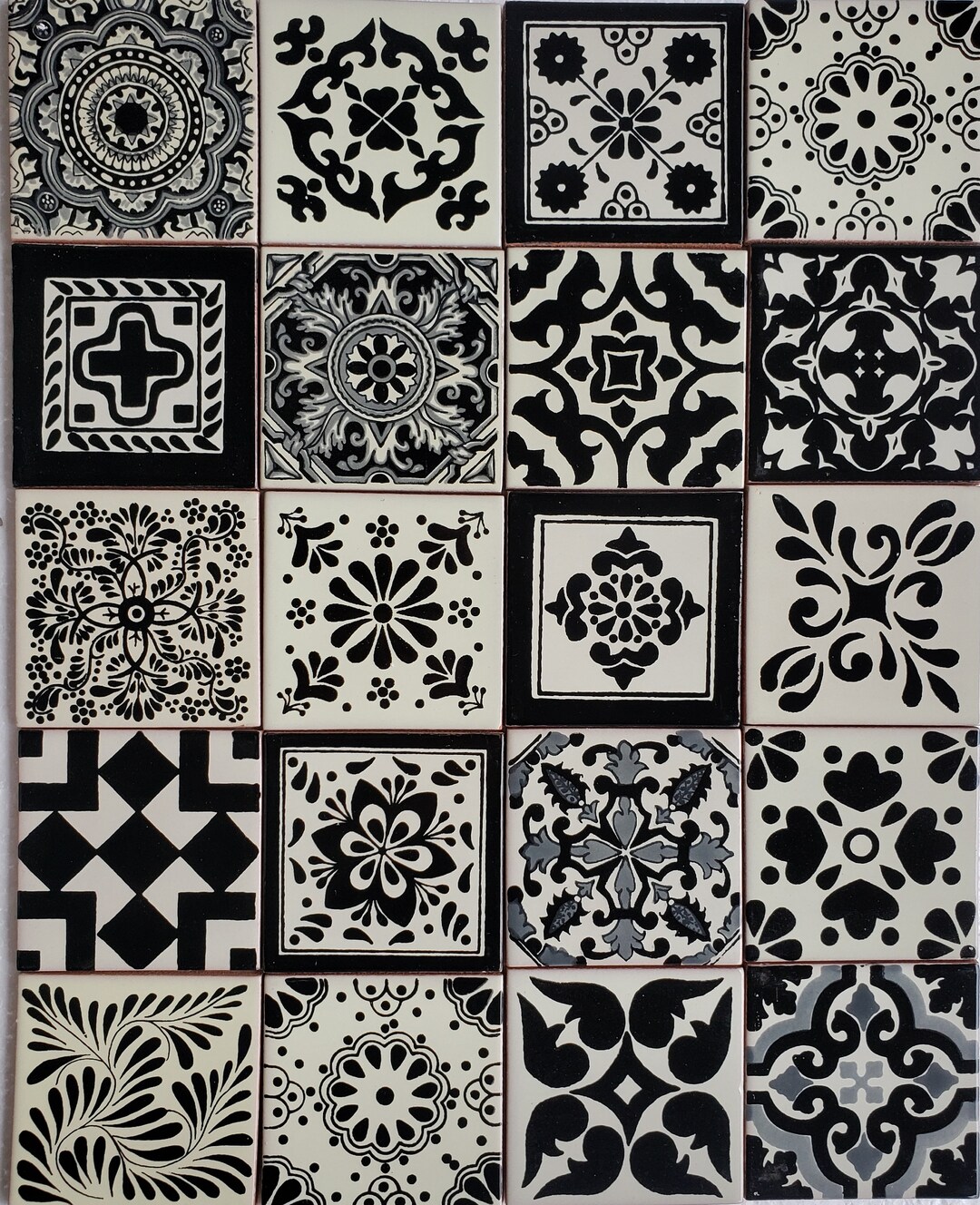 25 CERAMIC TILES Black and White 4x4 Inch Mexican Clay Tiles Etsy