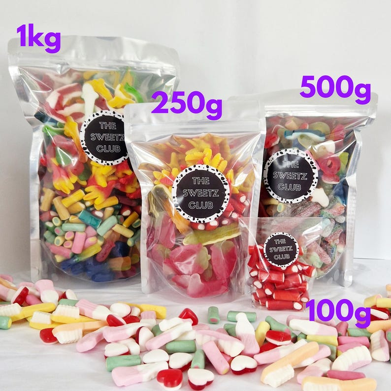 May include: Assorted colorful candies in clear plastic bags, labeled with weights: 1kg, 250g, 500g, and 100g. Each bag features a circular logo that reads "THE SWEETZ CLUB". A variety of candies are scattered in front.
