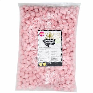 May include: A clear plastic bag filled with pink strawberry bonbons. The bag has a label with the text "Kingsway Strawberry Bonbons" and a weight of 3kg. The bonbons are small, round, and coated in a light pink color.