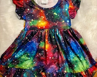 Space Galaxy Print Ruffle Dress