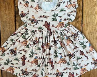 Western Cowboy Flutter Sleeve Twirly Girl Dress