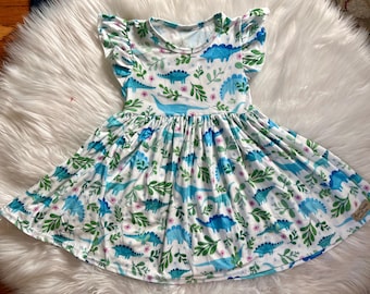 Dinosaur Blue Green Twirly Dress