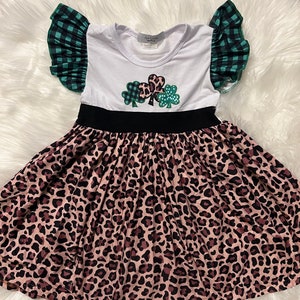 St. Patrick Shamrock Leopard Print Embroidered Twirly Dress
