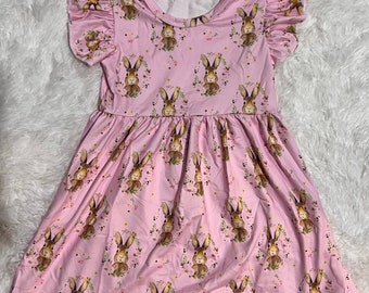 Pink Bunny Easter Flutter Sleeve Girl Dress