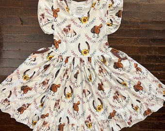 Horse Print Twirly Pocket Ruffle Dress