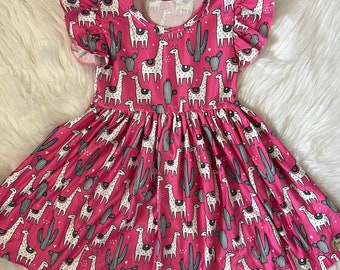 Llama Print Flutter Sleeve Twirly Girl Dress