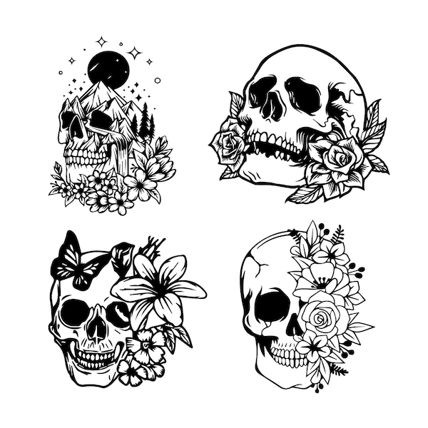 Skull SVG Bundle | skull with flowers svg file | messy bun skull svg | sugar skull girl svg file cricut file
