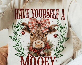 Highland Cow Christmas PNG | Western Christmas Sublimation | Girly Coquette Holiday Design | Trending Christmas PNG